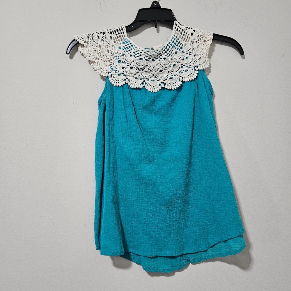 Hayden Girls Teal Blue Cotton Gauze Crochet Lace Collar Top Blouse